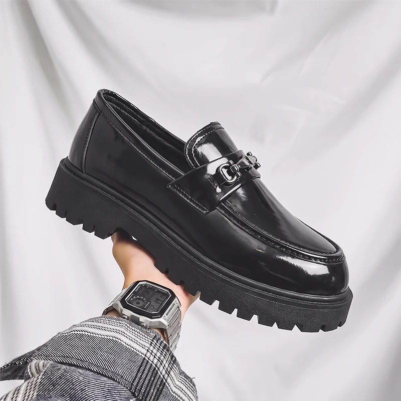 Men Horsebit Loafers Glossy Finish Matte Texture Chunky Lug Sole Slip On Dress Shoes Retro Business Casual Footwear