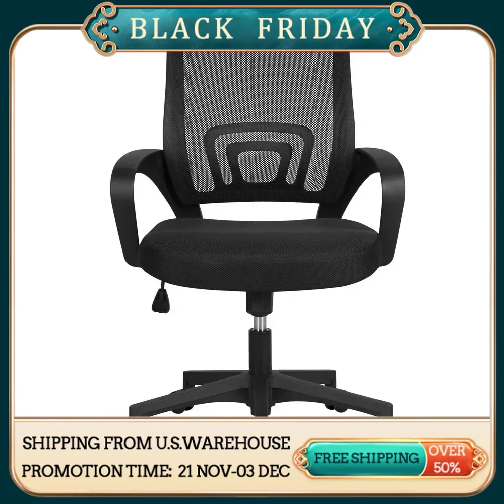 Adjustable Mid Back Mesh Swivel Office Chair With Armrests Black Computer Armchair Furniture Chairs Gaming Cheap Cushion