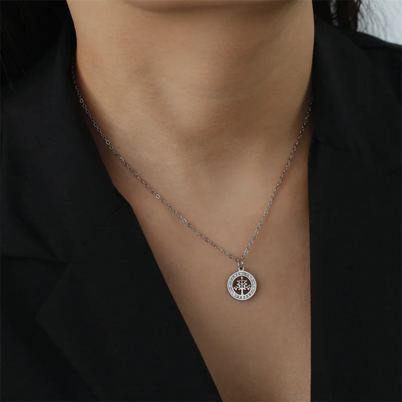 Trendy Edelstahl Strass Baum des Lebens Anhänger Halskette Für Frauen Charme Sommer Schlüsselbein Kette Schmuck Colgantes Cadena – Detail 16
