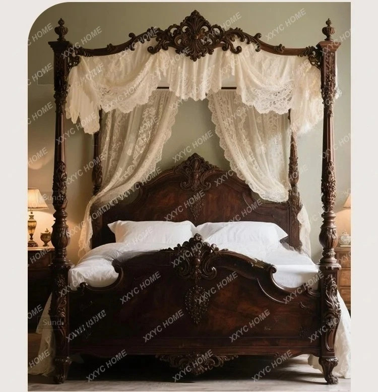 Y Heavy Craftsmanship Hand Carved Solid Wood Bed Roman Column Four Post Double Bed