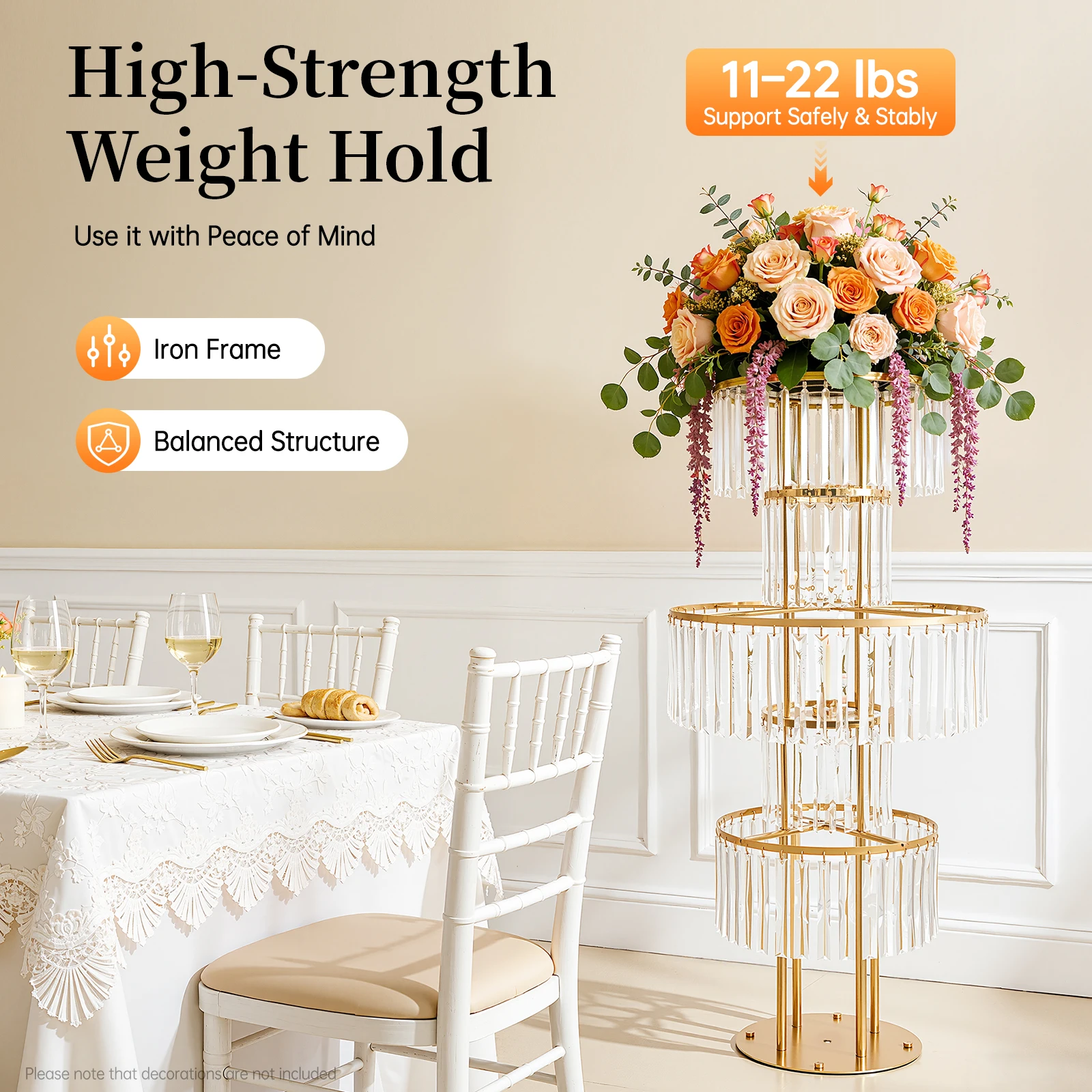 2PCS 5 Tier Crystal Flower Stands, Electroplated Iron Acrylic Floral Display Rack for Wedding Party Home Decor