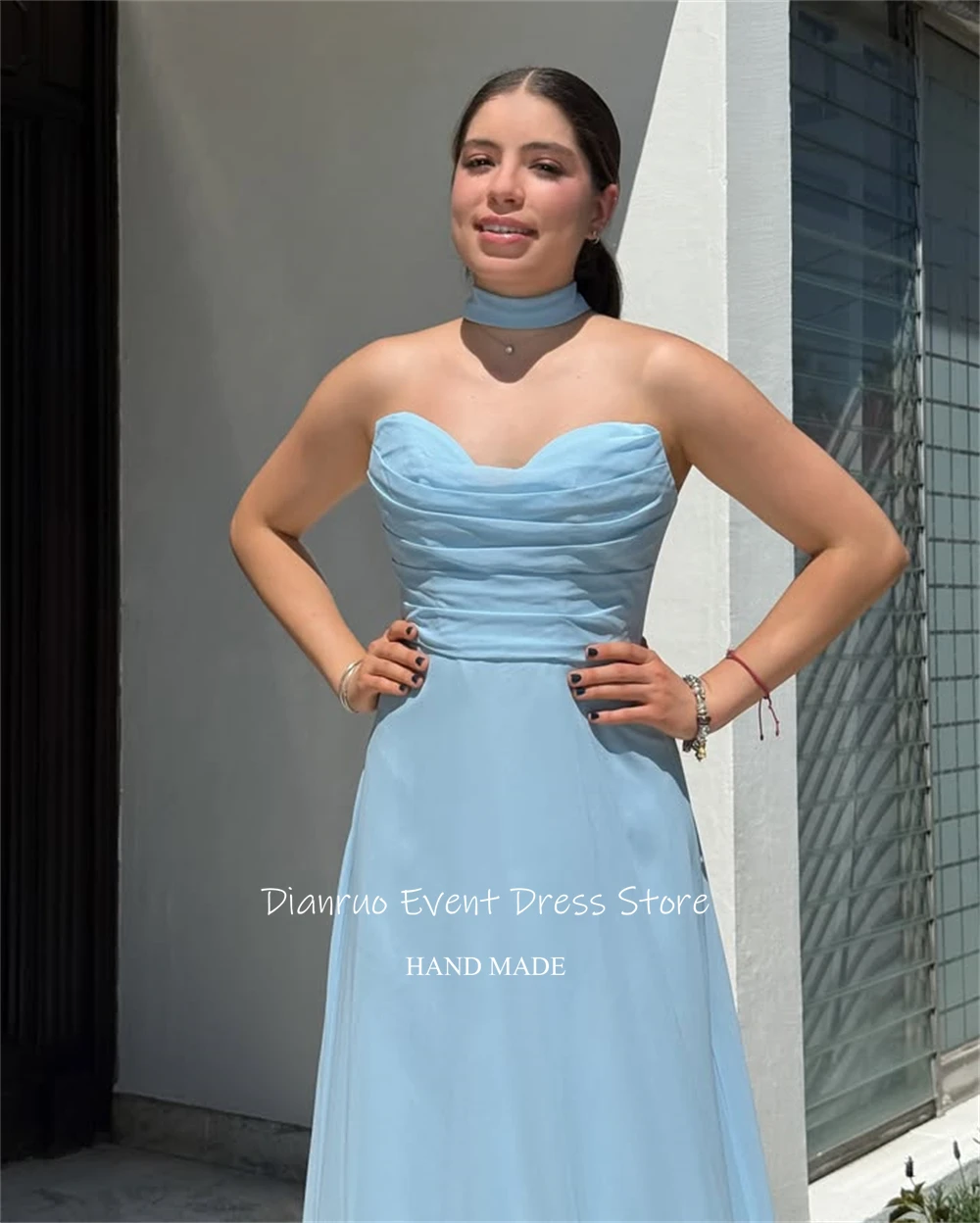 Dianruo فساتين سهرة مكشكشة بأربطة من الخلف طويلة متجددة الهواء على شكل حرف A فساتين حفلات أنيقة شيفون أشرطة فيستدو دي نويفا مخصصة #3