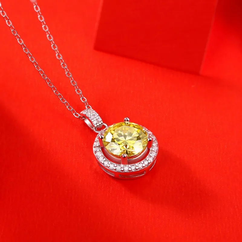 

925 Silver 1ct Yellow Moissanite Halo Pendant Necklace for Women Fine Jewelry Pass Diamond Tester Charm Necklaces Rhodium Plated