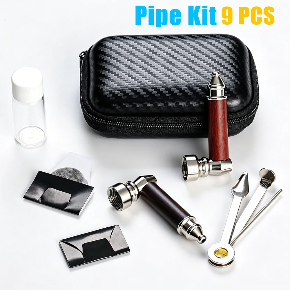 9PCS Zinc Alloy Detachable Pipe Set Wood Grain Appearance Split Pipe Classic Mini Pipe with Screen Portable Metal Handheld