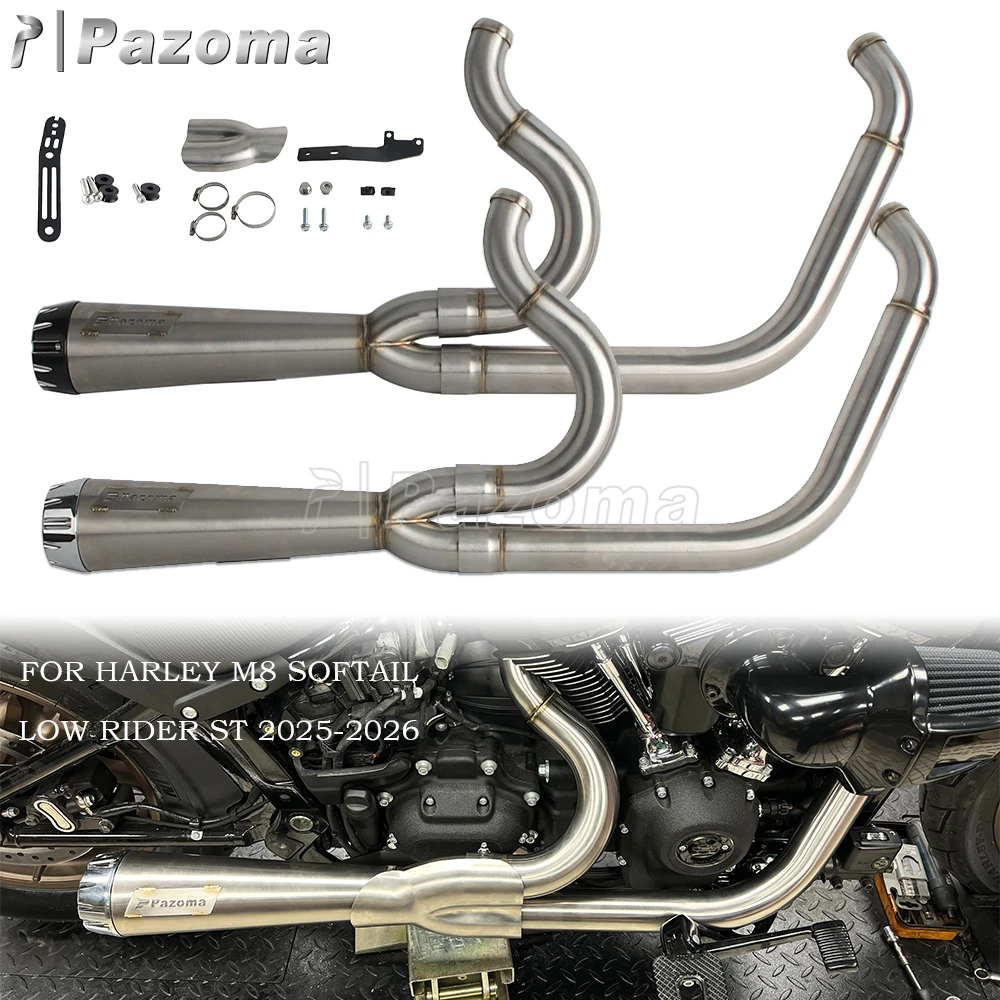 Pazoma Motorcycle Exhaust Pipe For Harley Softail Low Rider ST FXLRST 117 25-26 2-Into-1 Big Bore Stepped Exhaust Muffler System