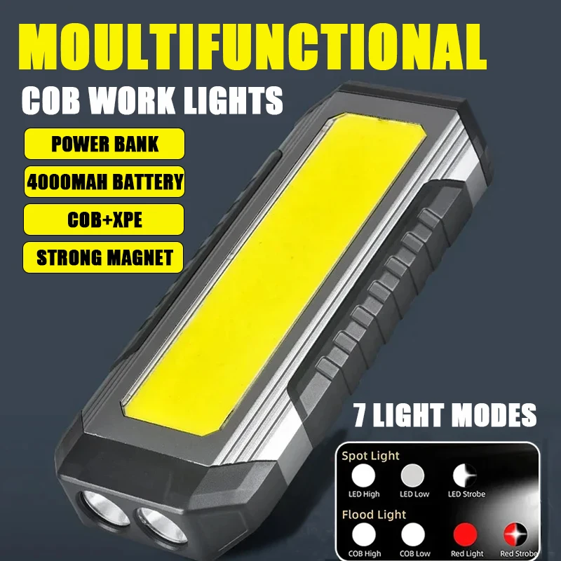 

COB Work Light USB Rechargeable LED Flashlight Power Bank 18650 Portable Camping Lamp with Magnet Waterproof Lantern 4000mAh