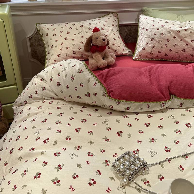 Puff Gauze Bedding Set Embroidered Duvet Cover Pillowcase with Bedsheet Printed Bed Linen Set Home Bedclothes постельное белье