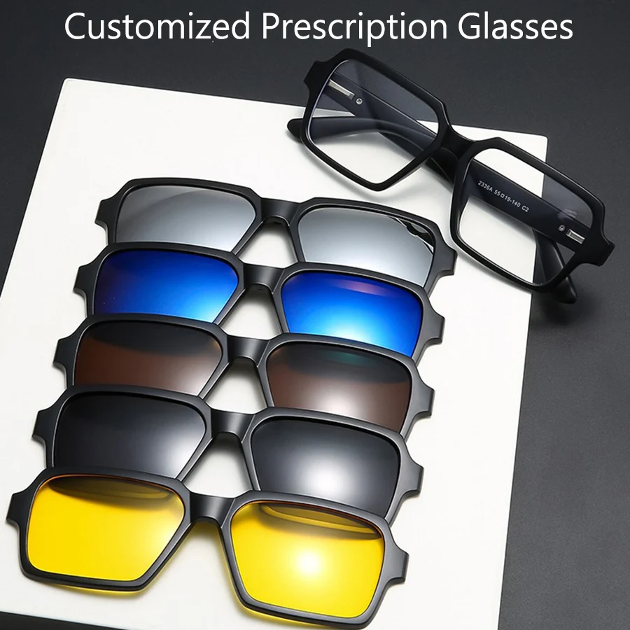 6 In 1 Customize Prescription Glasses Men Women Anti-Blue Light Myopia Hyperopia With 5 PCS Clip On Polarized Sunglasses 2336
