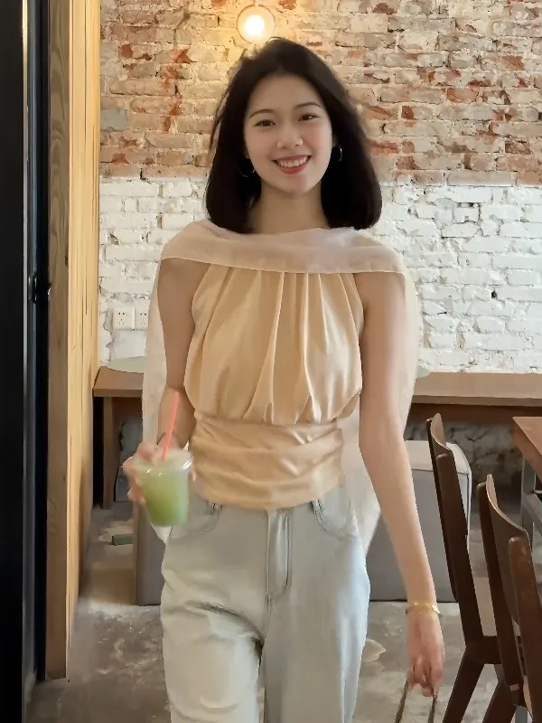 

Elegant Vacation Style One Shoulder Sleeveless Shirt Women's Summer Romantic Design Folded Waist Shaping Top