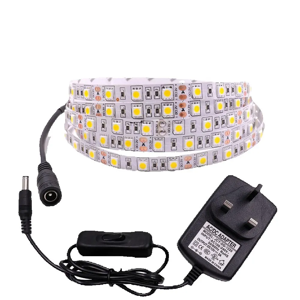 Bande lumineuse LED Flexible DC12V 5050 SMD 60LED/M, ruban étanche avec connecteur DC, adaptateur EU/US/AU/UK, rétro-éclairage TV