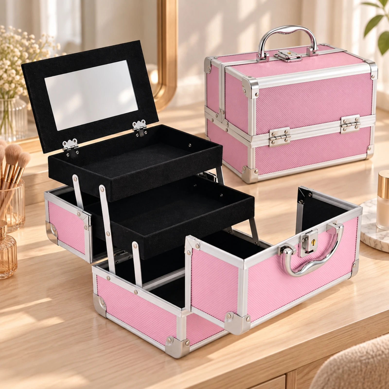 Hard Shell Makeup Case with Lock Lockable Hard-Shell Makeup Case with Mirror Cosmetic Box Portable for Beauty Students, Travel