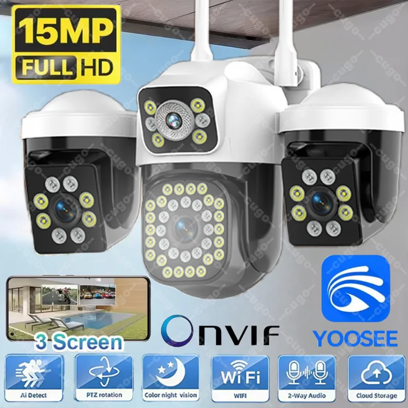 ثلاثة شاشة واي فاي كاميرا IP في الهواء الطلق 8K 15MP ثلاثة عدسة PTZ كام Ai كشف الإنسان IP66 مقاوم للماء Onvif CCTV كاميرا الأمن Yoosee
