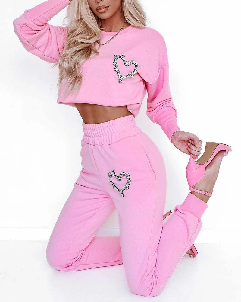 

Women's Two Piece Tracksuits Casual Love Rhinestone Decor Long Sleeve Sweatshirt Top Solid Color High Waist Cuffed Pants Set