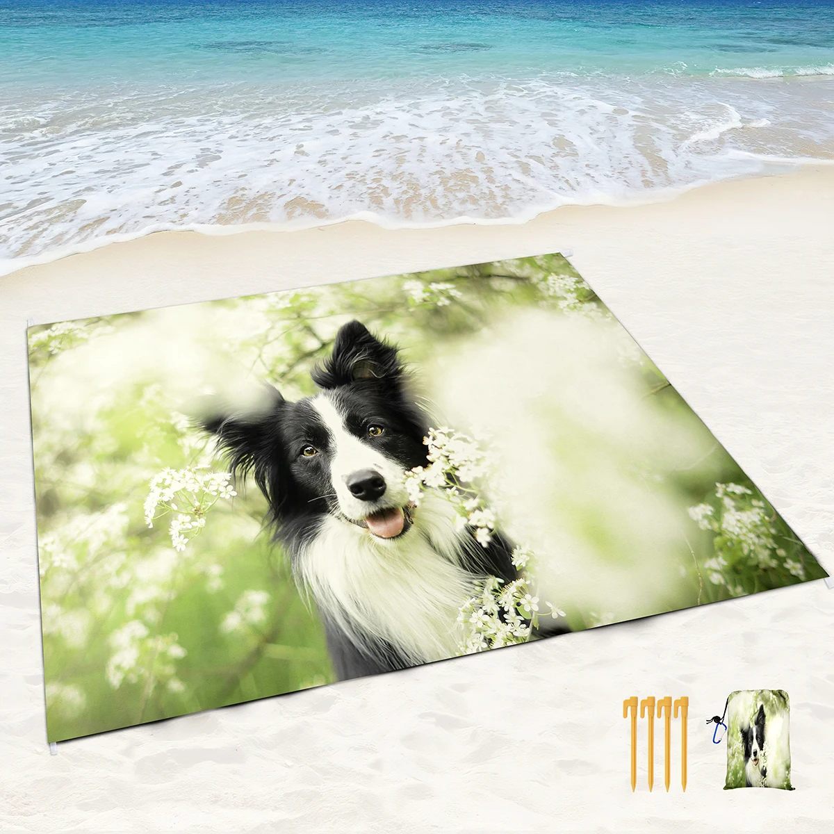 Border Collie In Flowers Beach Blanket with Corner Pockets and Mesh Bag for Beach Party,Travel,Camping,Light Weight and Portable