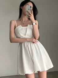 Chic Summer Knot Tie Pleated Flower Bud Strap Dr Girl's Feel High Waist Korean Sle No Sve Polyester Fiber