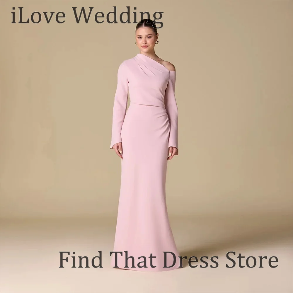 Simple Pink Long Sleeve Sheath Maxi Length Evening Dress Pleated Bridesmaid Party Gown Custom Made Vestidos de