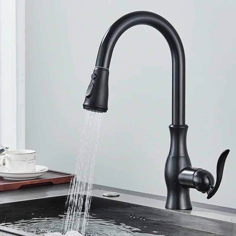 Black Kitchen Faucets Pull Out  Sink Mixer Tap Single Lever Water   Crane For  360 Rotation