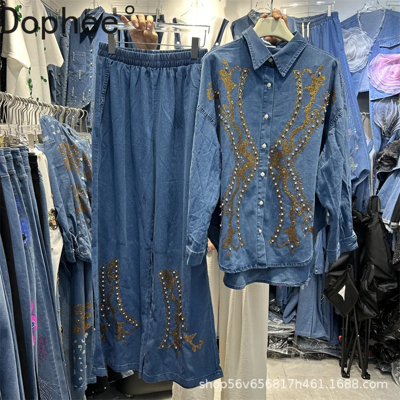 

Europe Autumn Woman Casual Denim Sets Diamonds Loose Long Sleeve Cardigans Coat + Elastic Waist Loose Wide Leg Straight Jeans