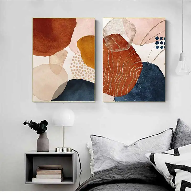 Abstract Geometric Line Textrue Wall Art Poster Prints Pictures Orange Watercolor Boho Canvas Paintings for Home Decor