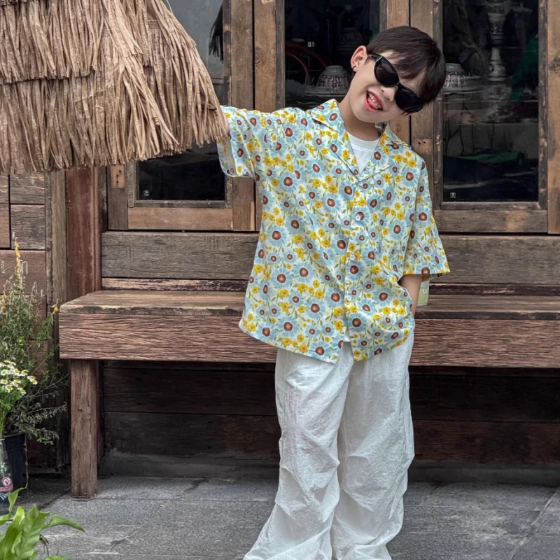 

25 Summer New Children's Clothing Holiday Wind Sunflower Washed Cotton Short Sleeves