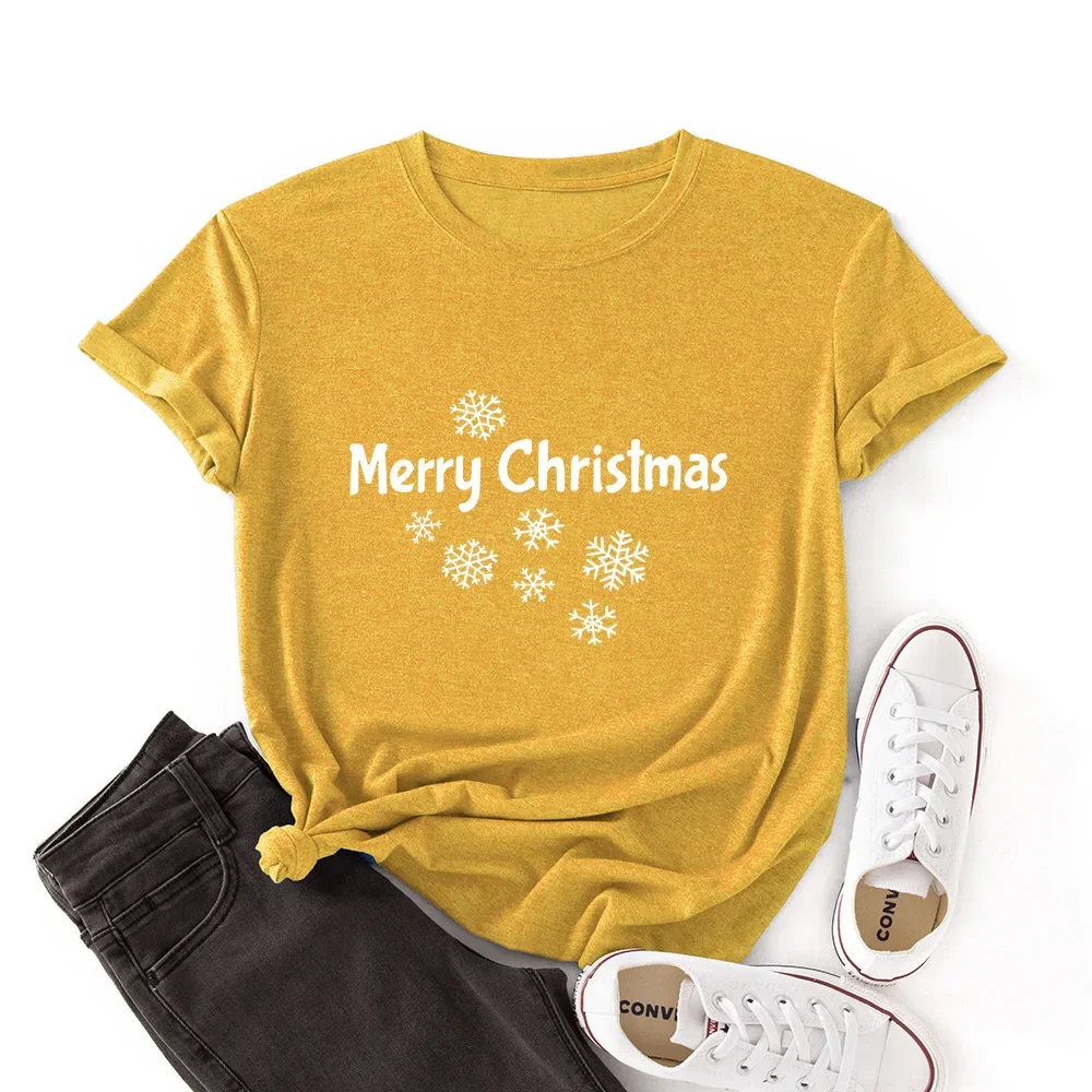 Merry Christmas Snowflakes Print T Shirt Women Tops Camisetas Mujer Graphic Soft Creative Breathable Short Sleeve Hipster Tees