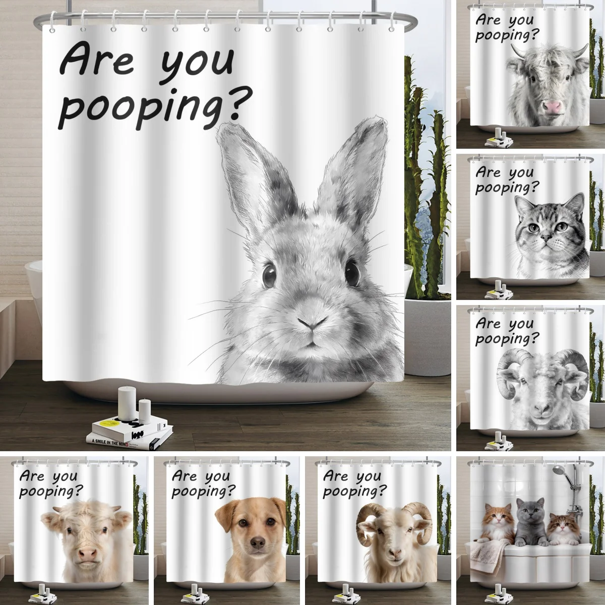 Funny Waterproof Shower Curtain Are You Pooping Animal Print Rabbit Cat Dog Cow Bathroom Decor Humor Bath Curtain With Hooks