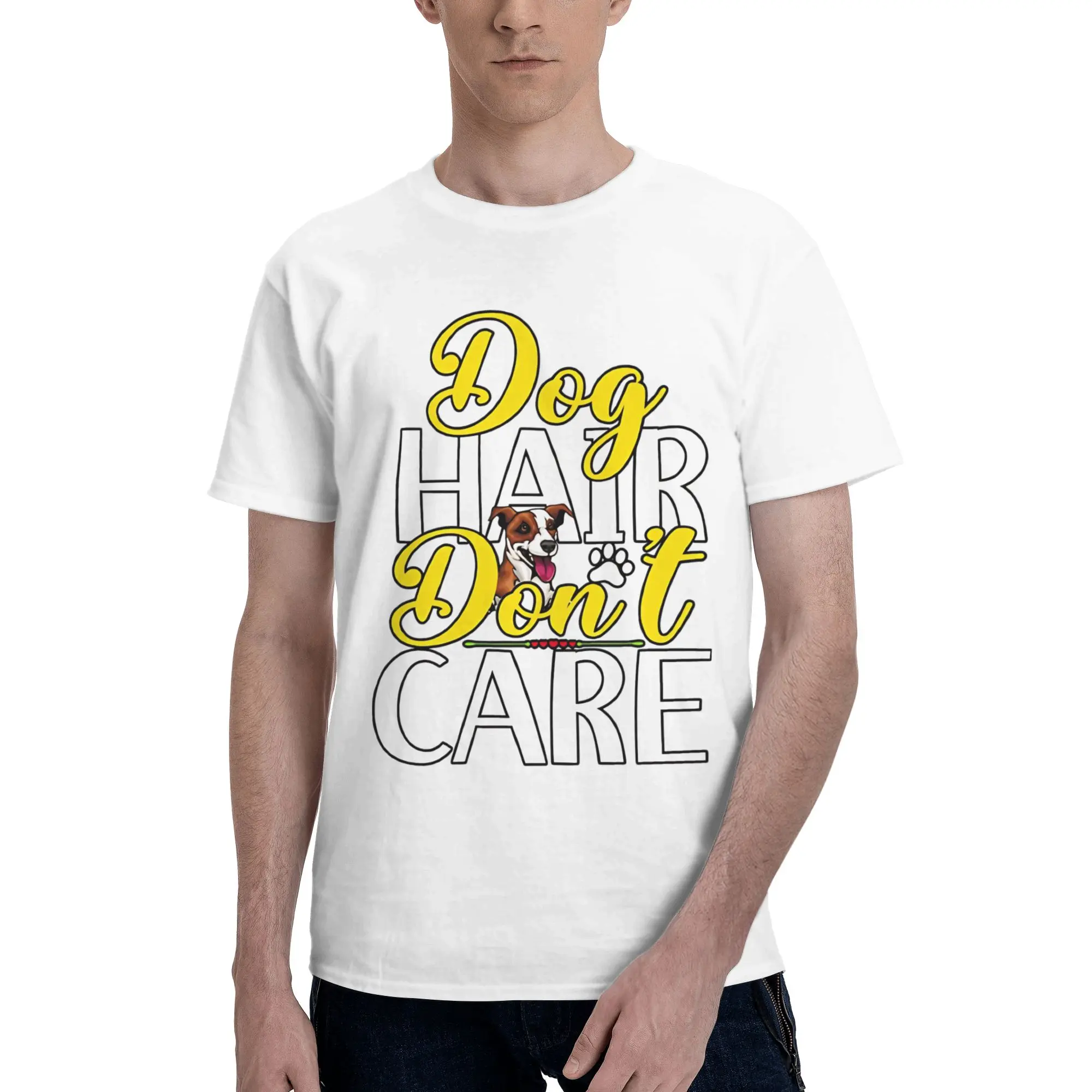 Care Essential Men T Shirts Messy hair don’t care dog Humor Tee Shirt Short Sleeve Round Collar Original Clothing T-Shirt