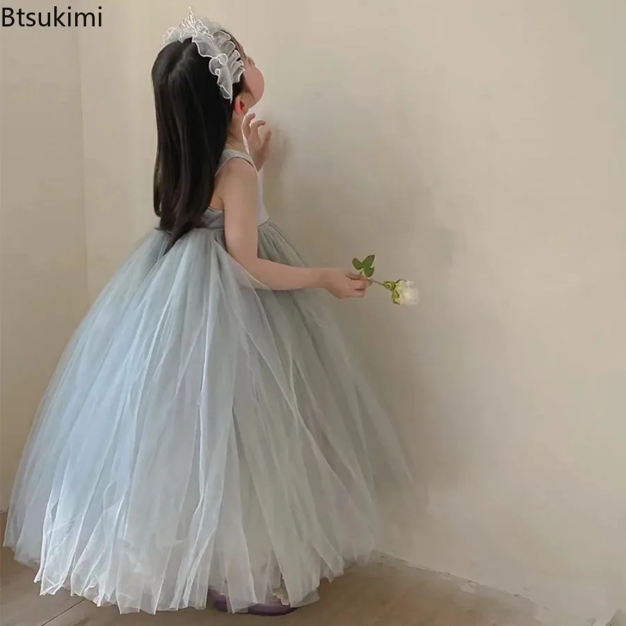 Summer New Dresses for Teenage Girls Tulle Fabrics Party Dress Children Lace Event Long Prom Dresses Wedding Bridesmaid Costume