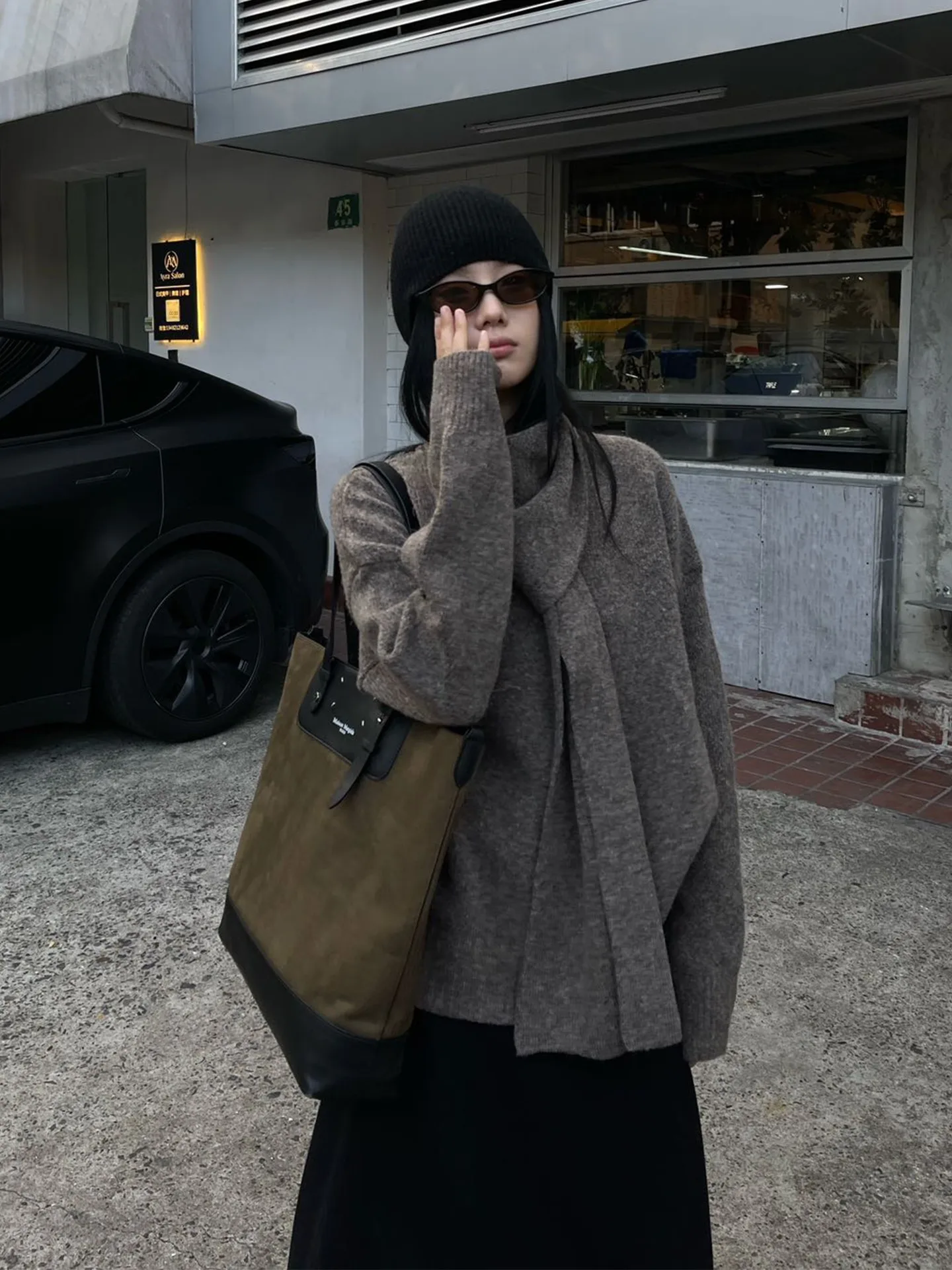 

PURIYH Women's Thiened Woolen Sweater Outerwear Casual Loose Fit Ne Warmer Scarf Sle Mid-Length Knitted Top