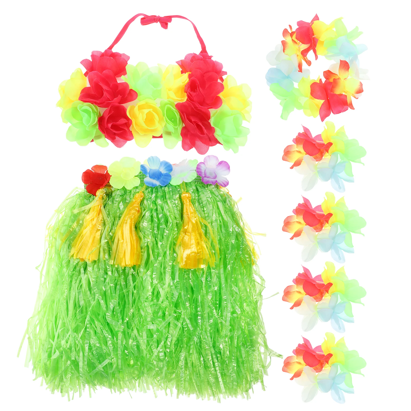 

Children's Grass Skirt 40 Cm Double Layer Tropical Dance Hawaii Dress Kids Set Bra Headband Necklace Bracelets Foot Rings