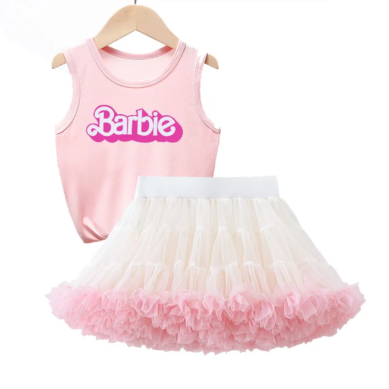 Kawaii Cartoon Anime Barbie Girls Sleeveless Princess Skirt Suit Sweet Cute Sleeveless Top Mesh Tutu Skirt Two-Piece Set