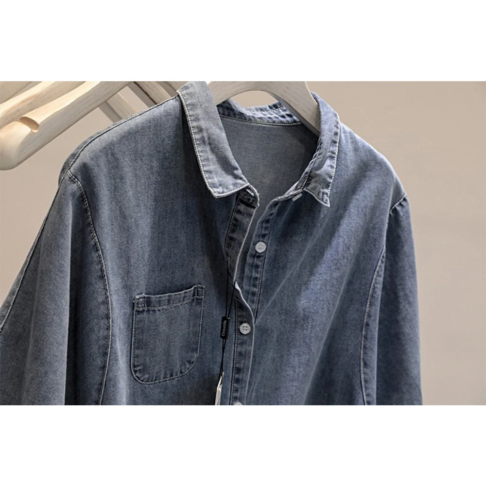 Women\'s Denim Shirts Solid Soft Thin One Breasted Loose Shirt Lantern Sleeve Lapel Collar Casual Versatile Female Jean Blouse