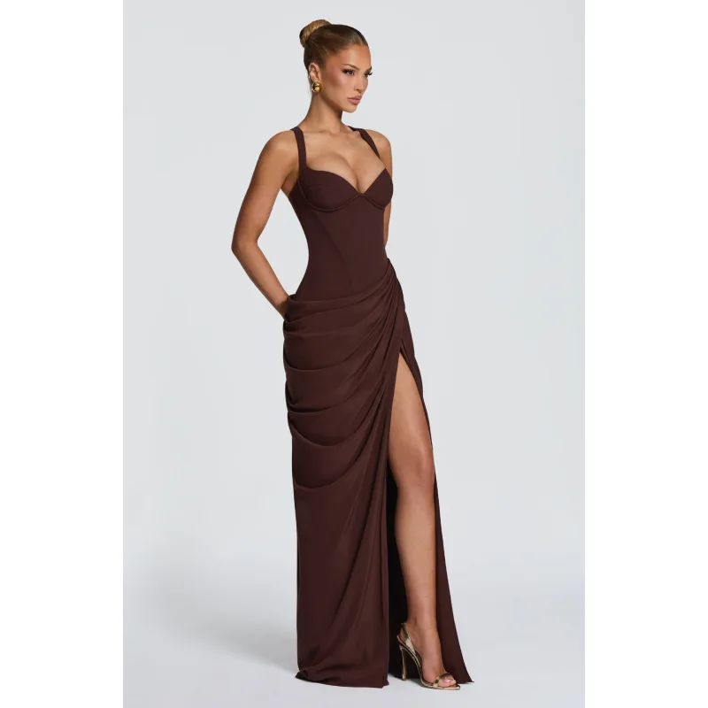 Shaping corset waist cinching long dress, cross tied back pleats, high slit thin suspender formal evening dress long skirt