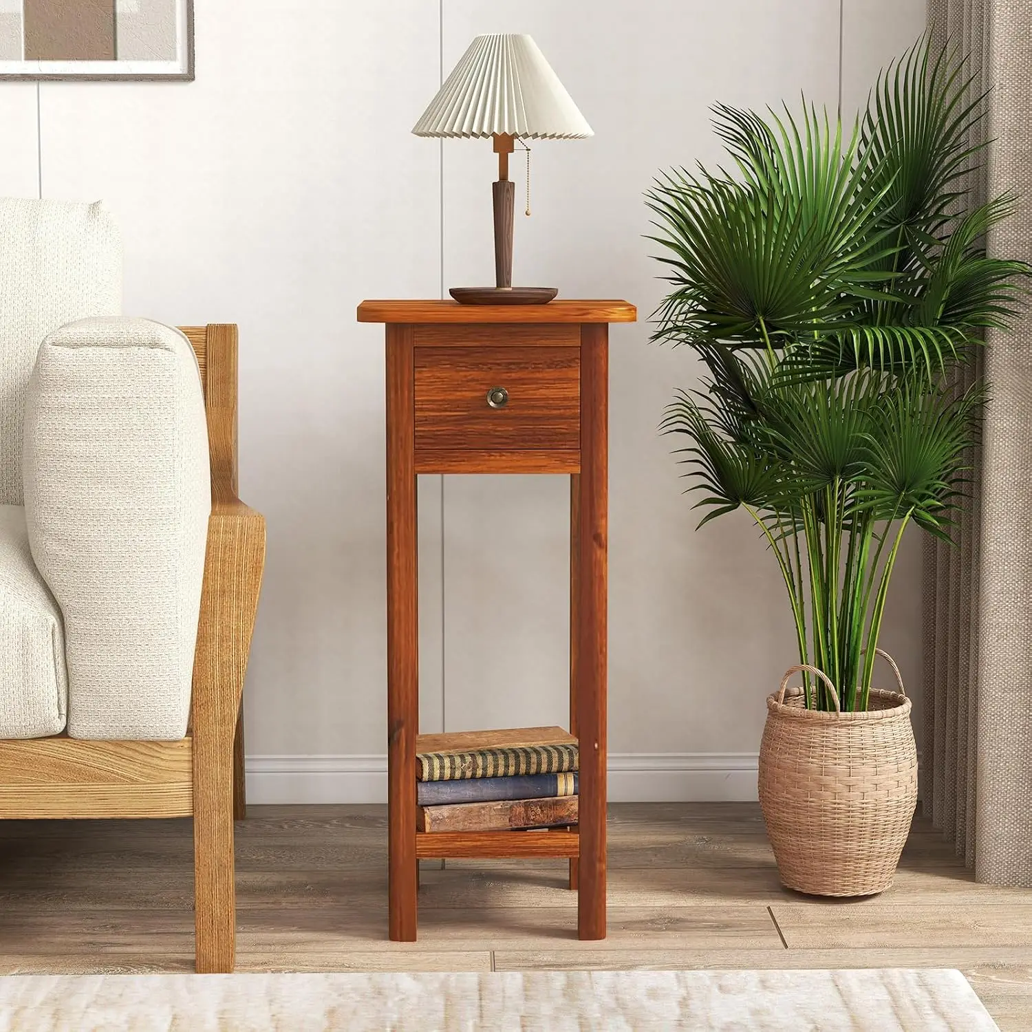 Tall End Table Set of 2, Narrow Side Table with Drawer and Shelf, Acacia Wood Nightstand for Living Room, 2-Tier, Customized