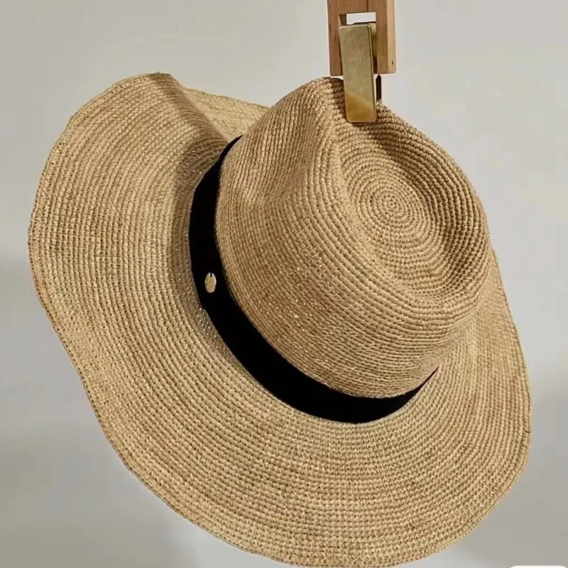 

Wide Brim Natural Fine Raffia Sun Hats Women Summer Jazz Top Straw Caps Foldable Beach Hat Travel Vacation Sun Protection Panama
