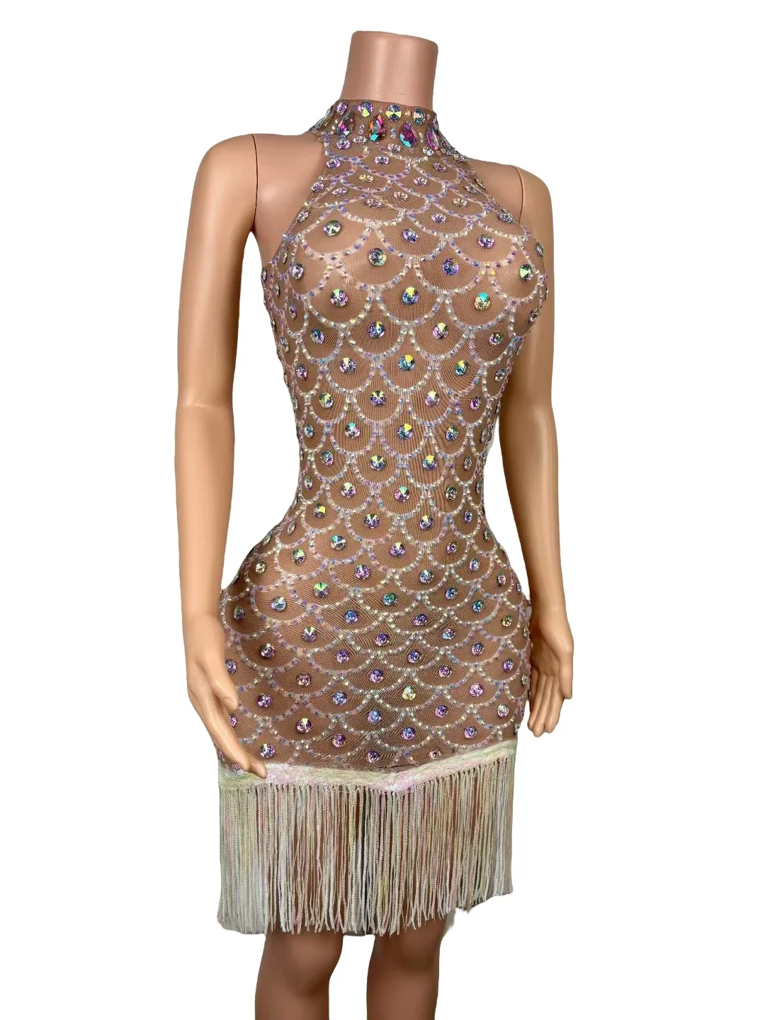 Disfraz brillante de Drag Queen, vestido con flecos de cumpleaños para mujer, cristales, actuación nocturna en Club, ropa elástica para escenario de celebridades