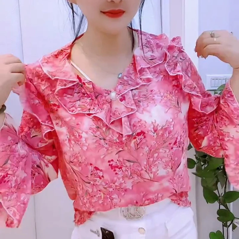 Elegant V-Neck Button Ruffles Printed Butterfly Sleeve Blouses Women\'s Clothing 2024 Summer Loose Chic Tops Office Lady Shirts