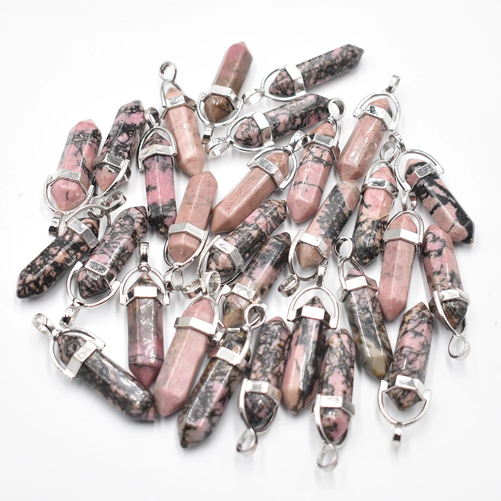 Wholesale 24 50 100pcs/lot natural Rhodochrosite stone pillar shape point Chakra charms pendant for jewelry making free shipping