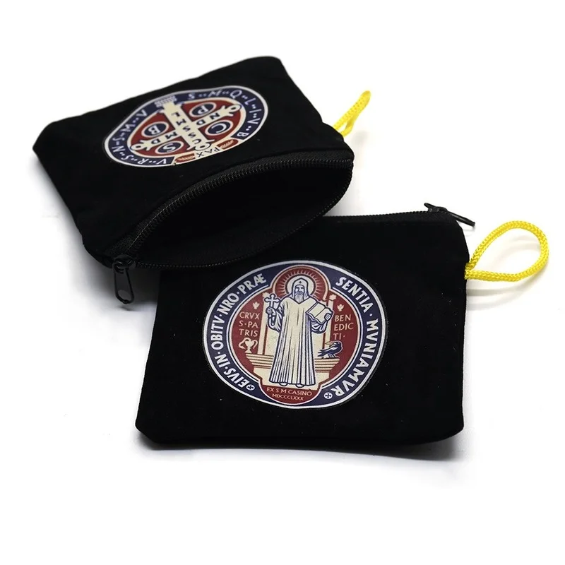 Black Color Velvet Cross Necklace Catholic Religious Gifts Bags Ribbon Drawstring Sack 16*9cm Pack Zipper Lanyard Storage Bag