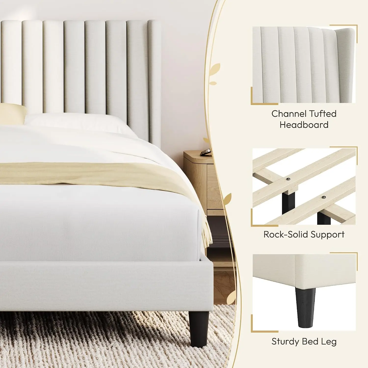 Ivory Channel-Tufted Platform Bed Frame with Headboard for Bedroom, Customized