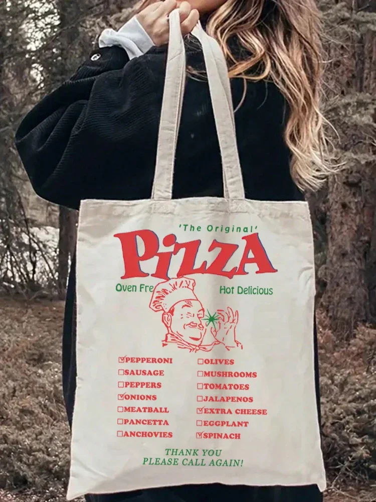 

1pc Vintage Pizza Tote Bag Shopping Bag Carrier Bag Vintage Casual Canvas Shoulder Bag Perfect For Outdoors Travel Gift