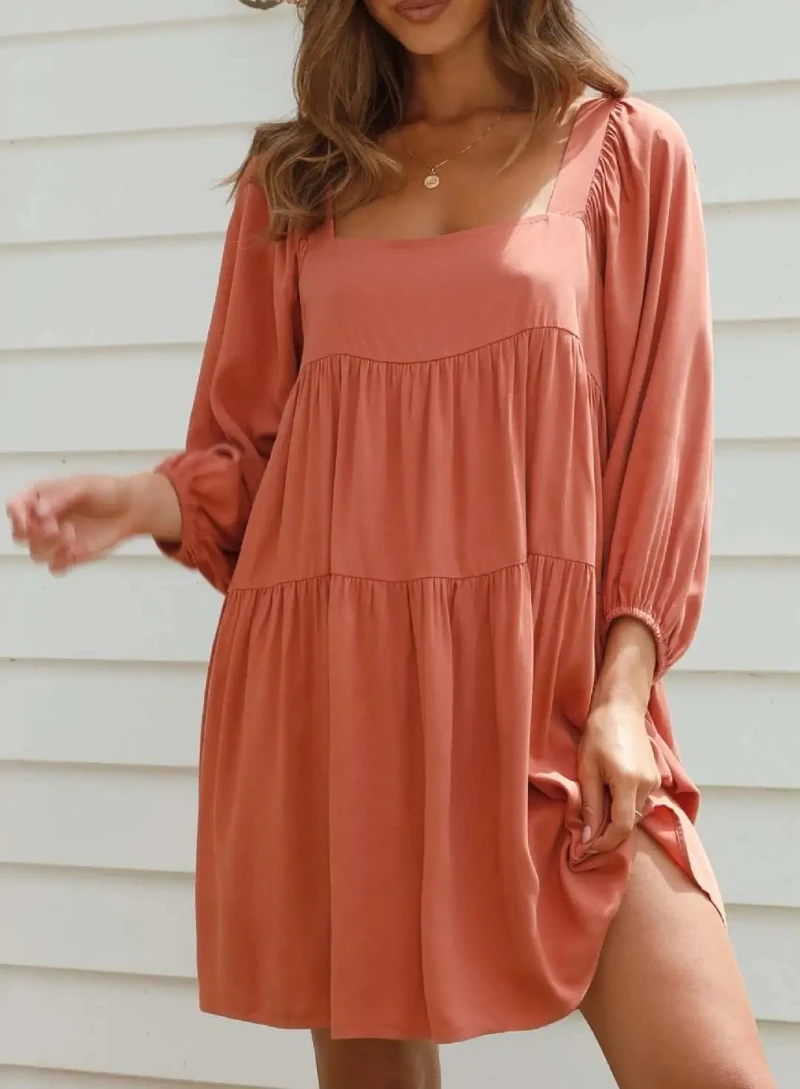 Women Square Neck Bubble Sleeve Mini Dress Summer Boho Loose Fit Solid Color Backless Short Dresses Holiday Beach Dresses