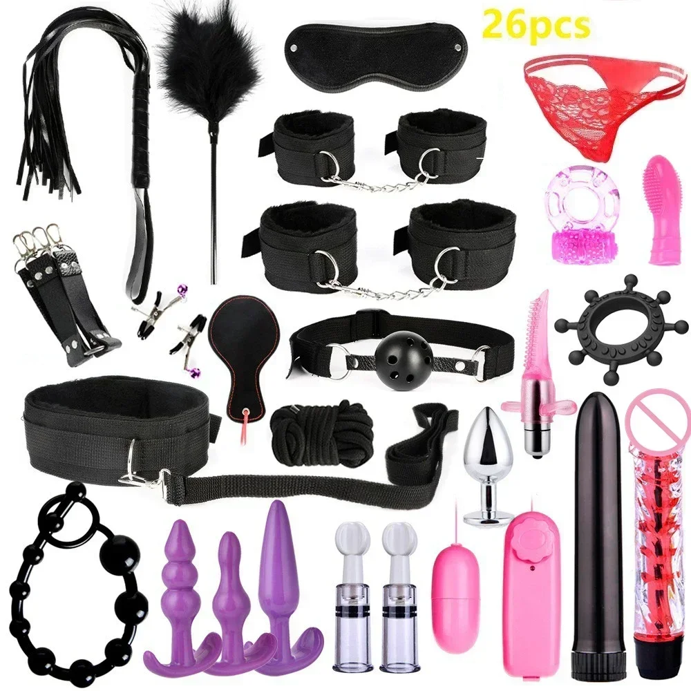 Sex Toy BDSM Kits Plush Bondage Set Handcuffs Sex Games Whip Gag Nipple Clamps Toys for Couples Exotic Accessories Adult +18