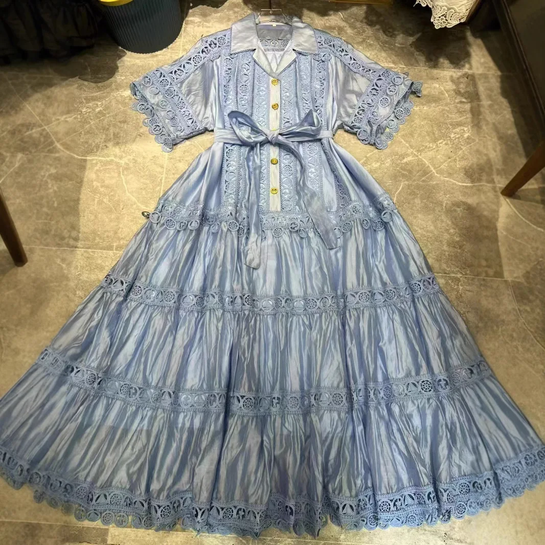 Luxury Hollow Out Long Dresses Women 2025 Summer Holiday Single Breasted Ruffle Lace Embroidery Loose Big Size Evening Vestidos