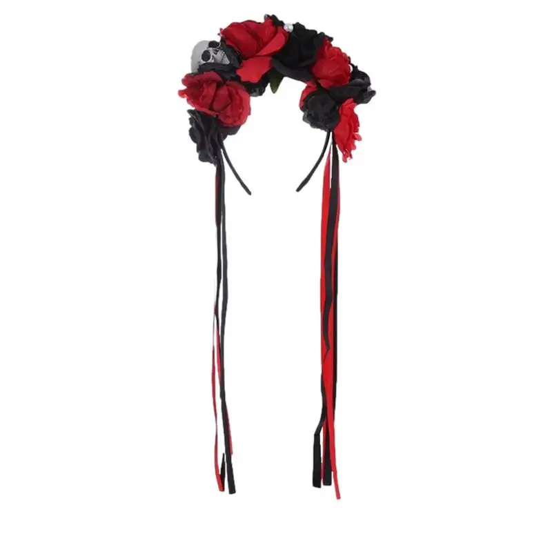 Skeleton Halloween Headband Skull Pearl Headband With Rose And Ribbons Realistic Mystery Headwear For Ceremony Portable Headwear