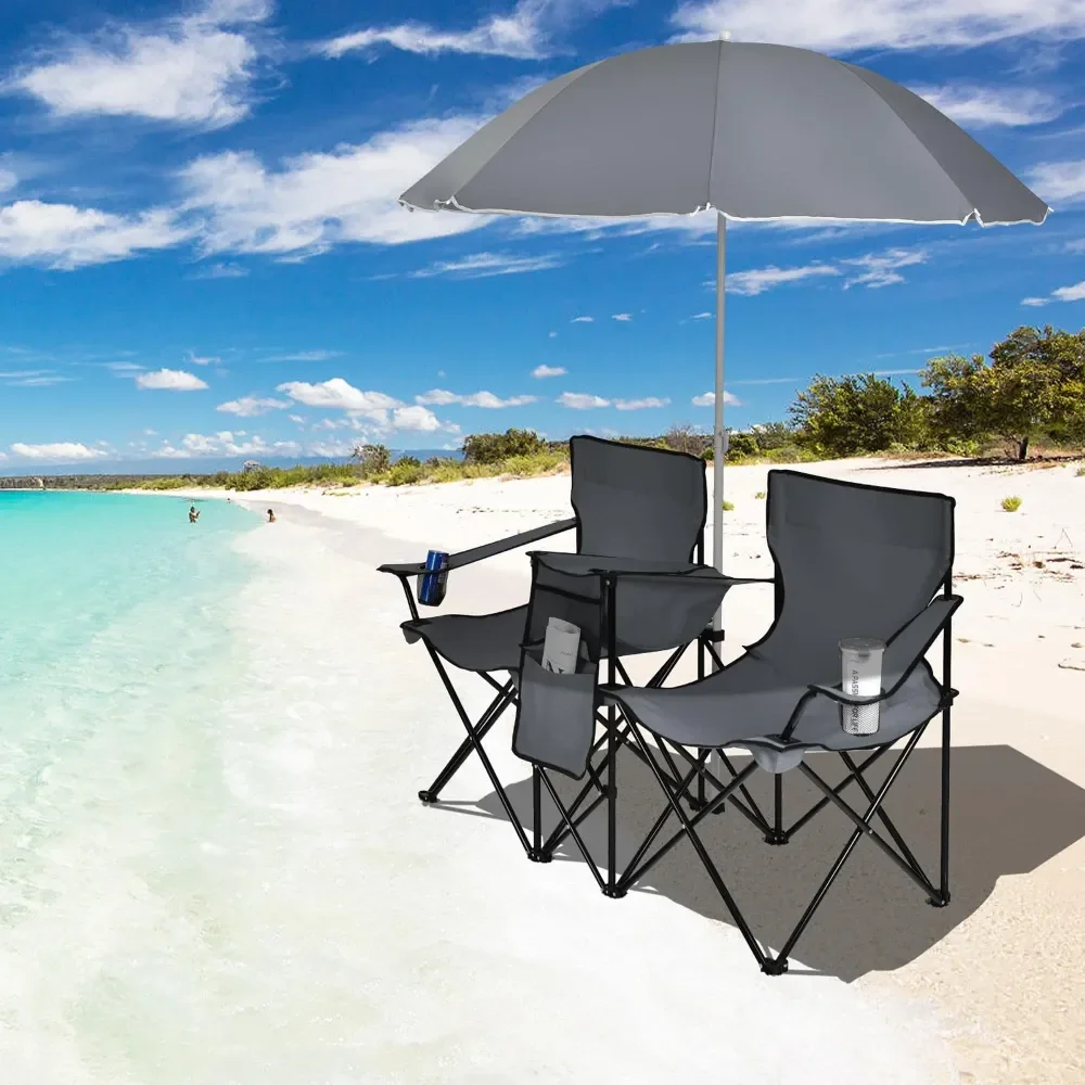 

Portable Folding Picnic Double Chair W Umbrella Table Cooler Beach Camping Chair