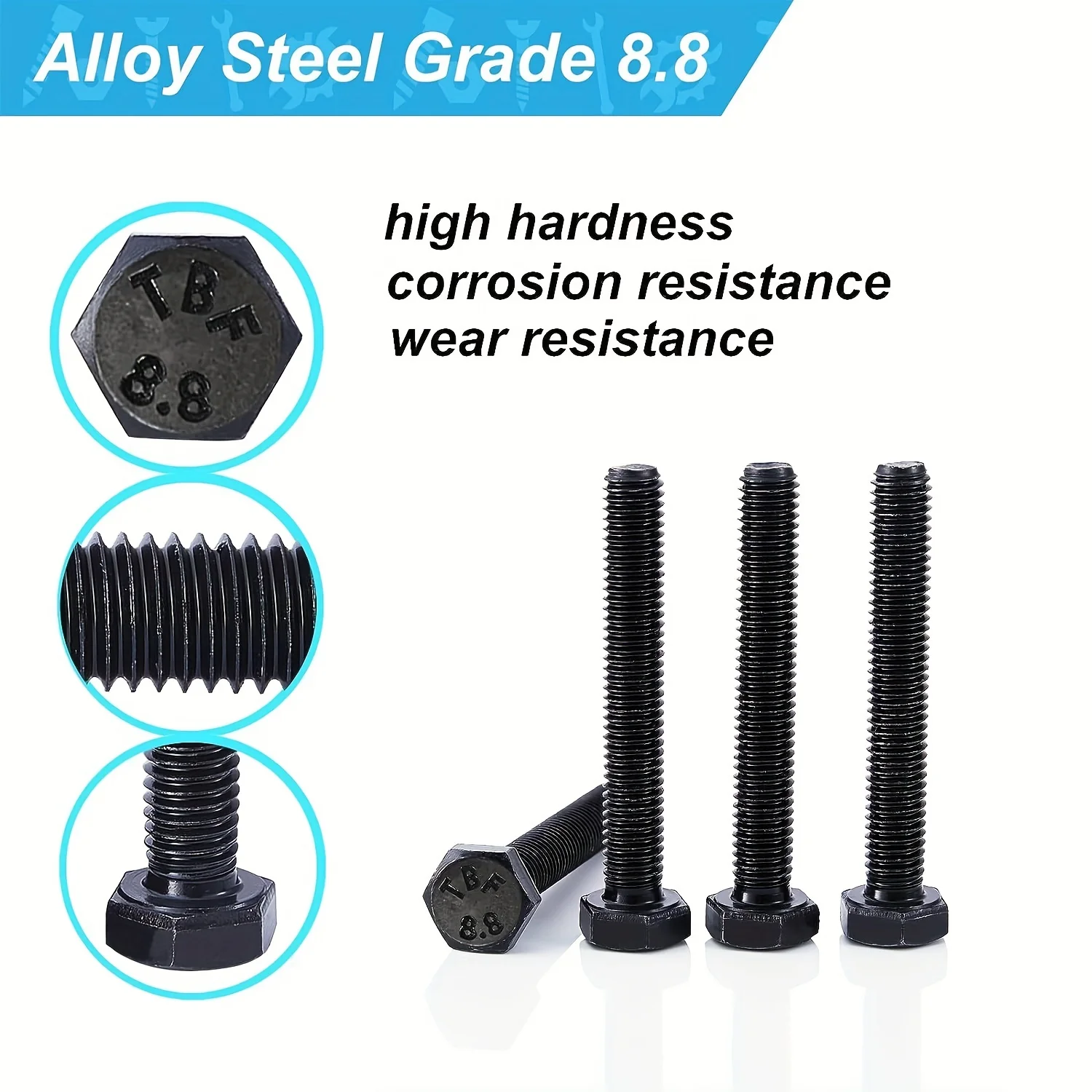 M8 x 12-60mm Hex Head Screw Bolt, Alloy Steel Grade 8.8, Black Oxide Finish, Full Thread, Hexagon Head Bolts