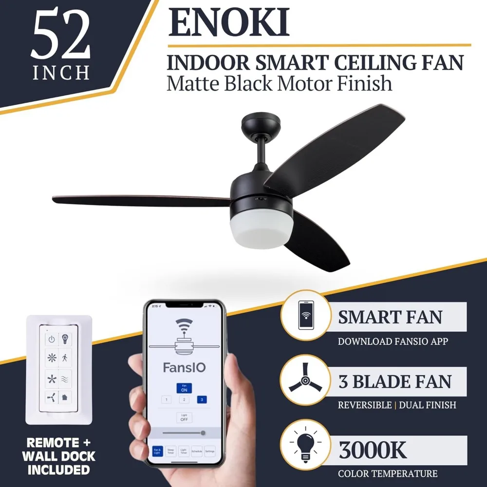 مروحة سقف ذكية حديثة مقاس 52 بوصة من Prominence Home Enoki مع ضوء، وجهاز تحكم عن بعد، وخيارات تركيب مزدوجة، وشفرات نهائية مزدوجة، وشركة