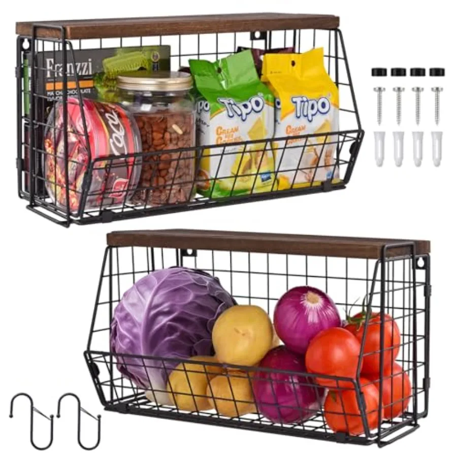 

Wall Storage Hanging Baskets 2 PACK - Wooden Top Wire Basket Organizers and S Hooks - Assemble Floating Shelf Racks for Pantry