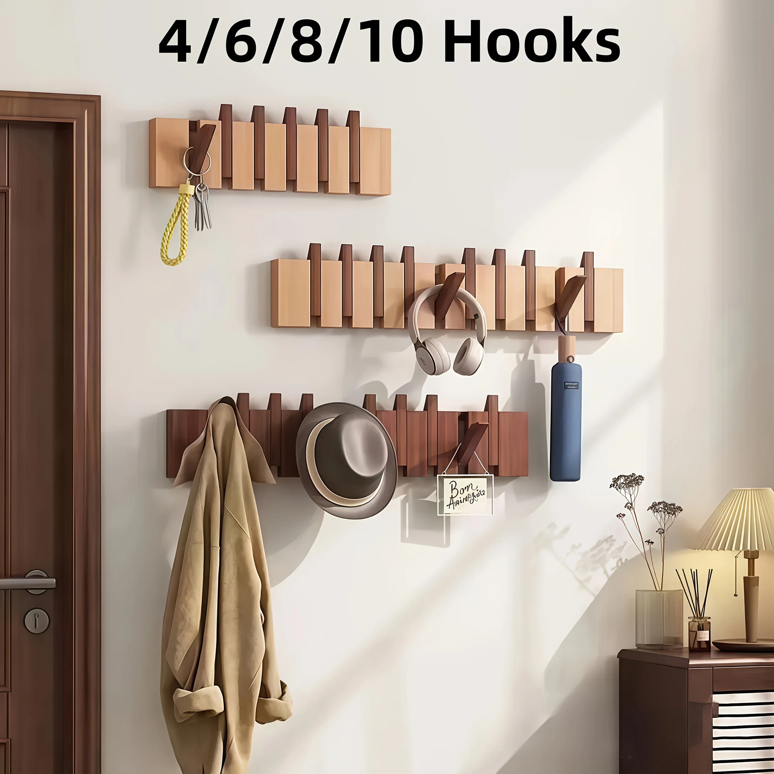 Pack of 1 (10/8/6/4 Hooks) Natural Wood Coat Rack, Wooden Wall-Mounted, Accordion-Style Wall Rack, Piano-Shaped Wall Coat Rack,